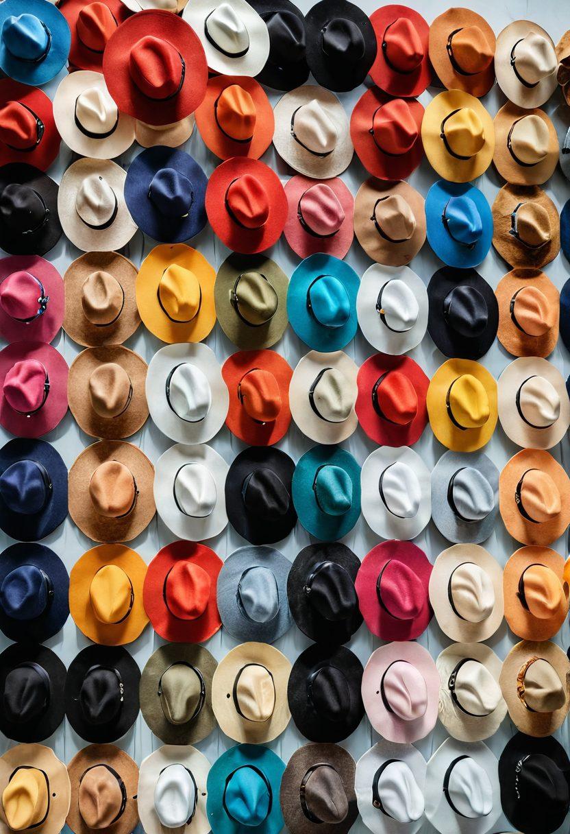 A vibrant collection of trendy hats displayed in an artistic fashion, showcasing a variety of styles such as fedoras, beanies, and wide-brim hats, adorned with colorful patterns and cheerful accessories like pins and flowers. The background should be light and inviting, emphasizing a sense of joy and fashion while incorporating elements of nature like sunlight or floral designs to create a cheerful atmosphere. super-realistic. vibrant colors. white background.