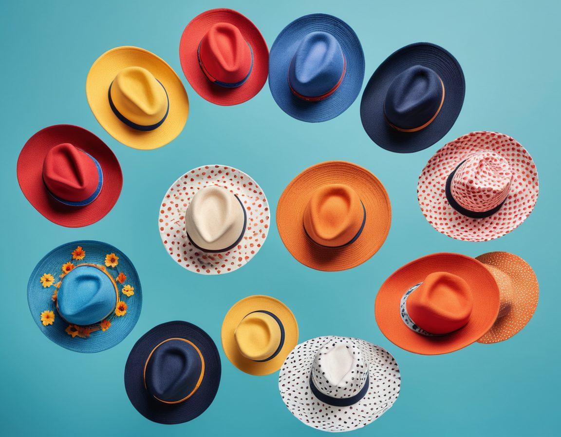 A vibrant display of 10 cheerful hats in various styles and colors, arranged in an appealing circle on a sunny day, surrounded by playful patterns like flowers and polka dots. Each hat showcasing a unique design, from colorful fedoras to quirky beanies, radiating joy and personality. A clear blue sky serves as the background, enhancing the cheerful mood. playful illustration style. bright colors. white background.