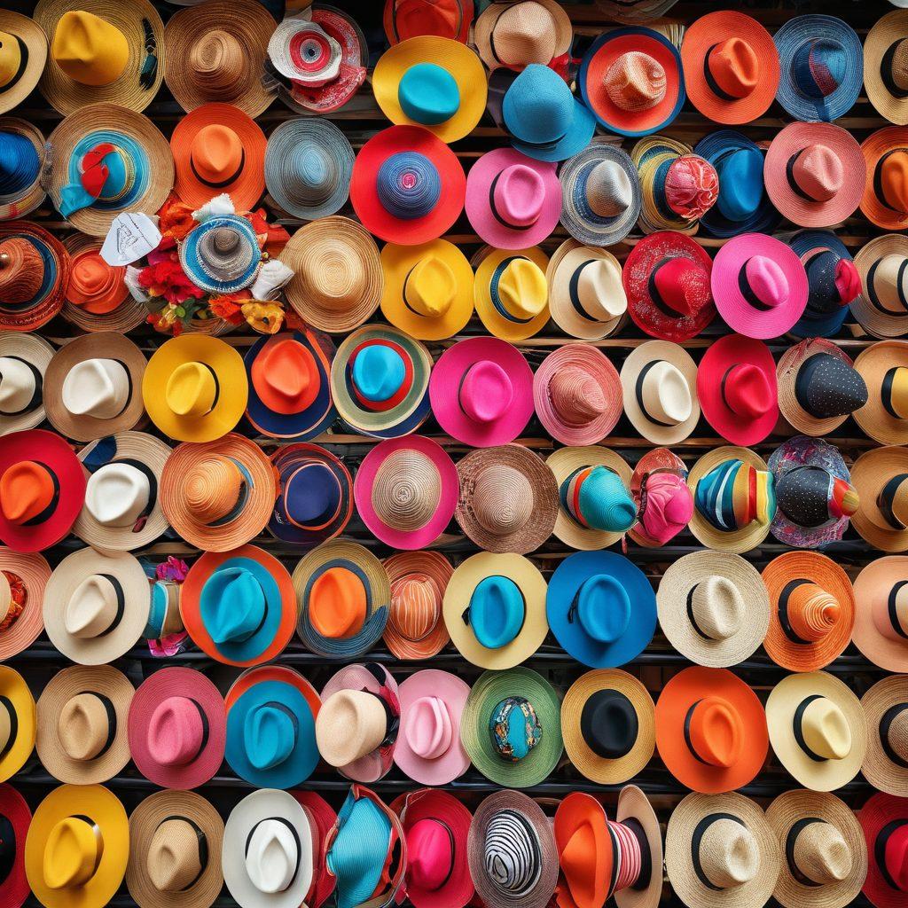 A vibrant market scene showcasing an array of unique hats displayed on colorful stalls, with shoppers exploring various styles including vintage, modern, and whimsical designs. Incorporate cheerful expressions on people as they try on hats, surrounded by playful decorations and eye-catching price tags emphasizing affordability. Capture the essence of a lively shopping experience where creativity meets budget-friendly choices. super-realistic. vibrant colors. 3D.